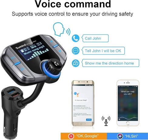 Sumind (Upgraded Version) Bluetooth FM Transmitter Wireless Radio Adapter Hands-Free Car Kit with 1.7 Inch Display, QC3.0 and Smart 2.4 A Dual USB Ports AUX Input/Output, TF Card Mp3 Player(PD, Black) in Saudi Arabia