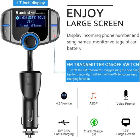 Sumind (Upgraded Version) Bluetooth FM Transmitter Wireless Radio Adapter Hands-Free Car Kit with 1.7 Inch Display, QC3.0 and Smart 2.4 A Dual USB Ports AUX Input/Output, TF Card Mp3 Player(PD, Black) in Saudi Arabia
