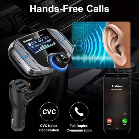 Sumind (Upgraded Version) Bluetooth FM Transmitter Wireless Radio Adapter Hands-Free Car Kit with 1.7 Inch Display, QC3.0 and Smart 2.4 A Dual USB Ports AUX Input/Output, TF Card Mp3 Player(PD, Black) in Saudi Arabia