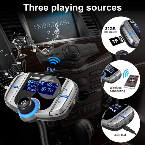 Sumind (Upgraded Version) Bluetooth FM Transmitter Wireless Radio Adapter Hands-Free Car Kit with 1.7 Inch Display, QC3.0 and Smart 2.4 A Dual USB Ports AUX Input/Output, TF Card Mp3 Player(PD, Black) in Saudi Arabia