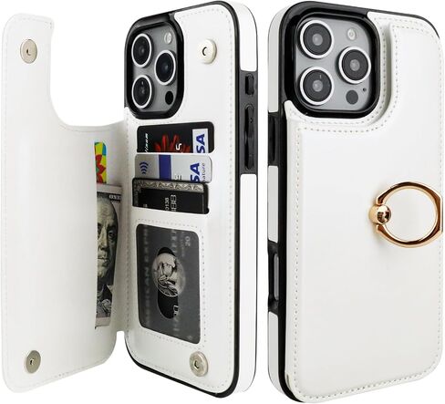حافظة محفظة لهاتف iPhone 16 Pro Max مع حامل بطاقة، مسند حلقي يدور 360 درجة، غطاء مقاوم للصدمات من جلد البولي يوريثان بمشبك مغناطيسي مزدوج للنساء والفتيات 6.9 بوصة (أبيض) in Kuwait