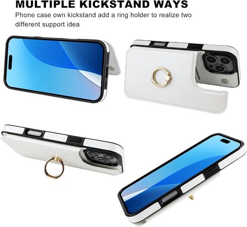 حافظة محفظة لهاتف iPhone 16 Pro Max مع حامل بطاقة، مسند حلقي يدور 360 درجة، غطاء مقاوم للصدمات من جلد البولي يوريثان بمشبك مغناطيسي مزدوج للنساء والفتيات 6.9 بوصة (أبيض) in Kuwait