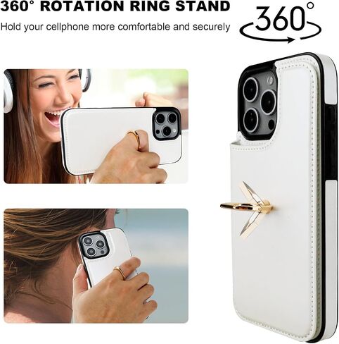 حافظة محفظة لهاتف iPhone 16 Pro Max مع حامل بطاقة، مسند حلقي يدور 360 درجة، غطاء مقاوم للصدمات من جلد البولي يوريثان بمشبك مغناطيسي مزدوج للنساء والفتيات 6.9 بوصة (أبيض) in Kuwait