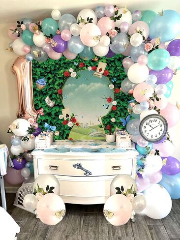 Wonderland Tea Party Backdrop Green Leaves Rose Photography Background Magic Hat Checkerboard Decorations Little Princess Girls Kid Birthday Photo Booth Prop (5X7FT(59x82inch)) in Saudi Arabia