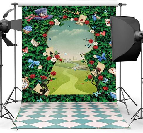 Wonderland Tea Party Backdrop Green Leaves Rose Photography Background Magic Hat Checkerboard Decorations Little Princess Girls Kid Birthday Photo Booth Prop (5X7FT(59x82inch)) in Saudi Arabia