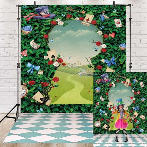 Wonderland Tea Party Backdrop Green Leaves Rose Photography Background Magic Hat Checkerboard Decorations Little Princess Girls Kid Birthday Photo Booth Prop (5X7FT(59x82inch)) in Saudi Arabia