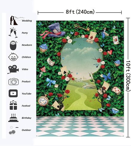 Wonderland Tea Party Backdrop Green Leaves Rose Photography Background Magic Hat Checkerboard Decorations Little Princess Girls Kid Birthday Photo Booth Prop (5X7FT(59x82inch)) in Saudi Arabia