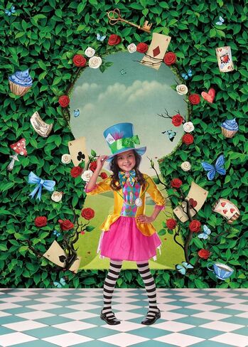 Wonderland Tea Party Backdrop Green Leaves Rose Photography Background Magic Hat Checkerboard Decorations Little Princess Girls Kid Birthday Photo Booth Prop (5X7FT(59x82inch)) in Saudi Arabia
