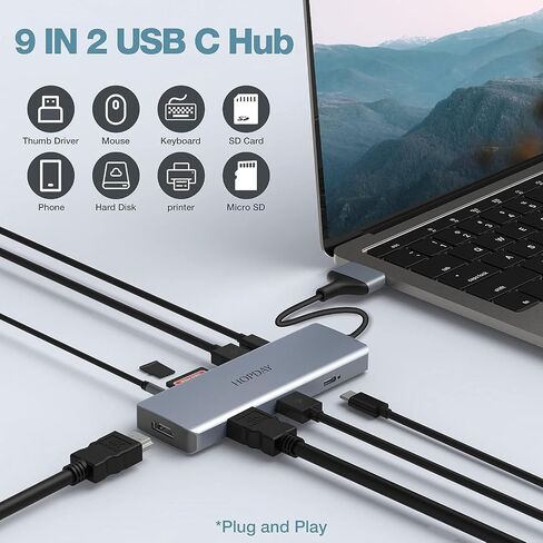 9 Ports USB C Adapter - HOPDAY USB C Hub for MacBook Pro/Air - Ultimate Connectivity with HDMI, USB 3.0, SD/TF Card Reader, 3.5mm Audio -for Laptop and Tablet in Saudi Arabia
