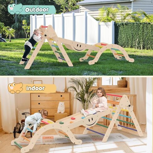 Toddler Climbing Toys, Climber Arch Rocker, Montessori Wooden Arch Climber, Kids Climbing Arch with Two-Color Soft Cushion, Indoor Outdoor Climbing Natural in Kuwait
