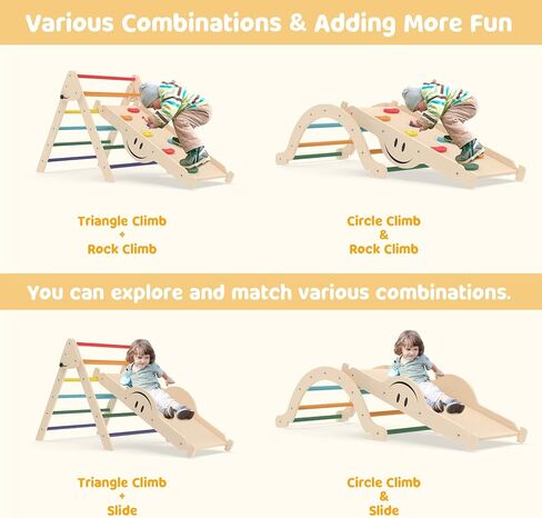 Toddler Climbing Toys, Climber Arch Rocker, Montessori Wooden Arch Climber, Kids Climbing Arch with Two-Color Soft Cushion, Indoor Outdoor Climbing Natural in Kuwait