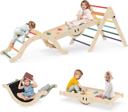 Toddler Climbing Toys, Climber Arch Rocker, Montessori Wooden Arch Climber, Kids Climbing Arch with Two-Color Soft Cushion, Indoor Outdoor Climbing Natural in Kuwait