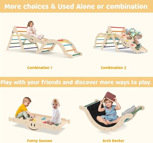 Toddler Climbing Toys, Climber Arch Rocker, Montessori Wooden Arch Climber, Kids Climbing Arch with Two-Color Soft Cushion, Indoor Outdoor Climbing Natural in Kuwait