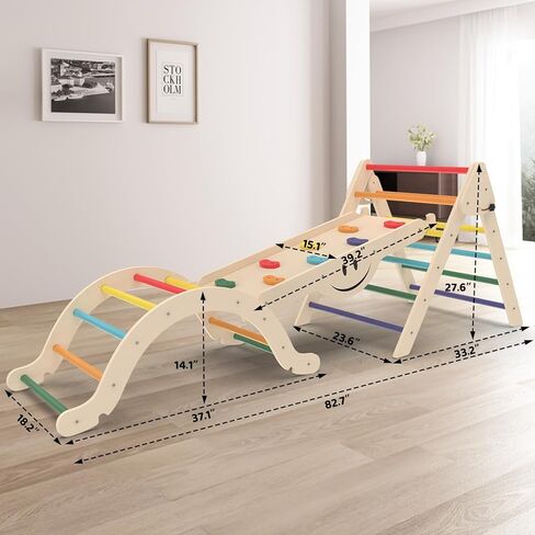 Toddler Climbing Toys, Climber Arch Rocker, Montessori Wooden Arch Climber, Kids Climbing Arch with Two-Color Soft Cushion, Indoor Outdoor Climbing Natural in Kuwait
