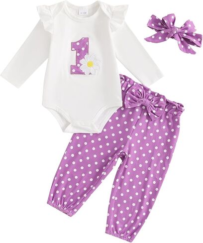 BemeyourBBs Baby Girl First Birthday Outfit 1st Flower Long Sleeve Romper Cute Bow Pants Set One Year Birthday Clothes in Kuwait