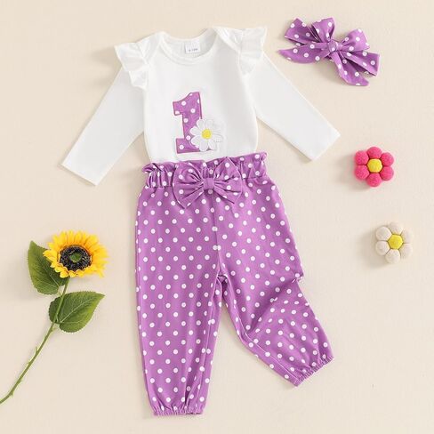 BemeyourBBs Baby Girl First Birthday Outfit 1st Flower Long Sleeve Romper Cute Bow Pants Set One Year Birthday Clothes in Kuwait