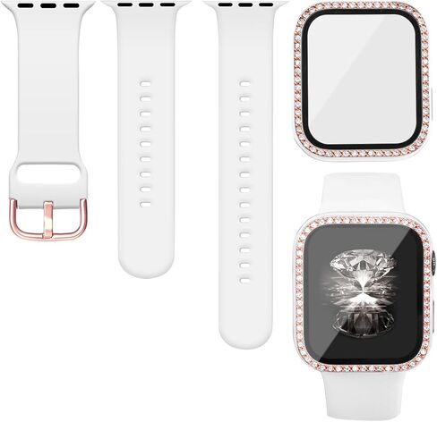 Silicone Bands and Bling Case Compatible with Apple Watch for Women | Soft Silicone Bands and Bling Diamond Case & Glass Screen Protector for iWatch 38mm 40mm 41mm 42mm 44mm 45mm in Saudi Arabia