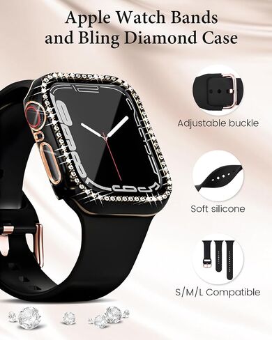Silicone Bands and Bling Case Compatible with Apple Watch for Women | Soft Silicone Bands and Bling Diamond Case & Glass Screen Protector for iWatch 38mm 40mm 41mm 42mm 44mm 45mm in Saudi Arabia