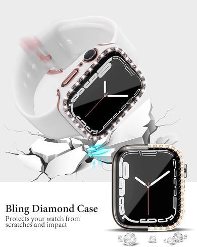 Silicone Bands and Bling Case Compatible with Apple Watch for Women | Soft Silicone Bands and Bling Diamond Case & Glass Screen Protector for iWatch 38mm 40mm 41mm 42mm 44mm 45mm in Saudi Arabia