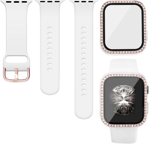 Silicone Bands and Bling Case Compatible with Apple Watch for Women | Soft Silicone Bands and Bling Diamond Case & Glass Screen Protector for iWatch 38mm 40mm 41mm 42mm 44mm 45mm in Saudi Arabia