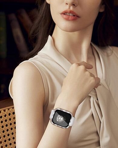Silicone Bands and Bling Case Compatible with Apple Watch for Women | Soft Silicone Bands and Bling Diamond Case & Glass Screen Protector for iWatch 38mm 40mm 41mm 42mm 44mm 45mm in Saudi Arabia