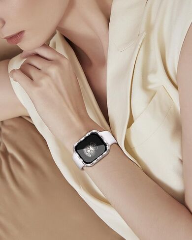 Silicone Bands and Bling Case Compatible with Apple Watch for Women | Soft Silicone Bands and Bling Diamond Case & Glass Screen Protector for iWatch 38mm 40mm 41mm 42mm 44mm 45mm in Saudi Arabia