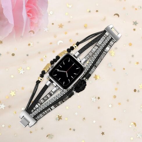 سوار يعمل لسلسلة 9 Apple Watch Bands 45 مم، حزام جلد Boho Chic لساعة Apple Watch Band 44/42 مم مع مشبك معدني فضي، غلاف متعدد الطبقات لسلسلة iWatch 8 7 6 SE 5 4 3 أسود رمادي in Saudi Arabia
