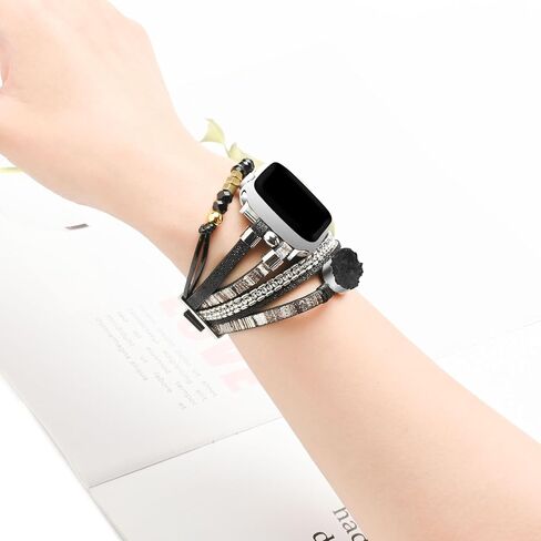 سوار يعمل لسلسلة 9 Apple Watch Bands 45 مم، حزام جلد Boho Chic لساعة Apple Watch Band 44/42 مم مع مشبك معدني فضي، غلاف متعدد الطبقات لسلسلة iWatch 8 7 6 SE 5 4 3 أسود رمادي in Saudi Arabia
