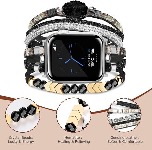 سوار يعمل لسلسلة 9 Apple Watch Bands 45 مم، حزام جلد Boho Chic لساعة Apple Watch Band 44/42 مم مع مشبك معدني فضي، غلاف متعدد الطبقات لسلسلة iWatch 8 7 6 SE 5 4 3 أسود رمادي in Saudi Arabia