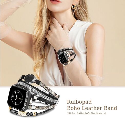 سوار يعمل لسلسلة 9 Apple Watch Bands 45 مم، حزام جلد Boho Chic لساعة Apple Watch Band 44/42 مم مع مشبك معدني فضي، غلاف متعدد الطبقات لسلسلة iWatch 8 7 6 SE 5 4 3 أسود رمادي in Saudi Arabia