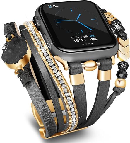 سوار يعمل لسلسلة 9 Apple Watch Bands 45 مم، حزام جلد Boho Chic لساعة Apple Watch Band 44/42 مم مع مشبك معدني فضي، غلاف متعدد الطبقات لسلسلة iWatch 8 7 6 SE 5 4 3 أسود رمادي in Saudi Arabia