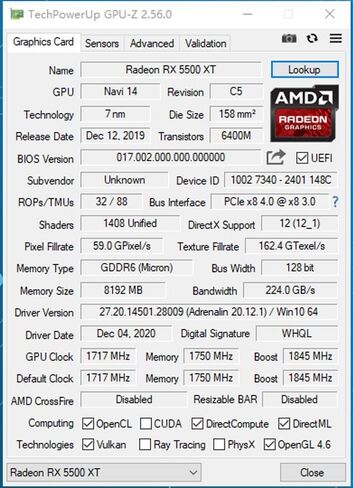 بطاقة رسومات AMD RX 5500 XT 8 جيجابايت GDDR6 بنفس سرعة RX 6500XT 1.3X GTX 1650 PCI Express 4.0 x8 DirectX12_1 1408 Shaders 1717/1845 ميجا هرتز Base/Boost 1750 ميجا هرتز الذاكرة 128 بت HDMI 3X DP VR 4K RDNA in Saudi Arabia