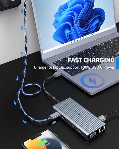 USB C Docking Station, Dual Monitor USB C HUB, 12 in 1 USB C Adapter with 2 HDMI, VGA, 3 USB 3.0, USB 2.0, Ethernet, 100W PD, Audio, SD/TF Card Readers Ports for Laptop and More in Saudi Arabia