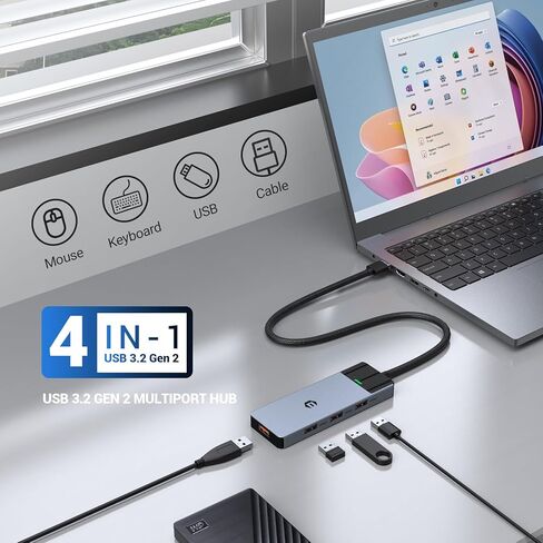 4in 1 USB Hub, USB 3.2 Hub, USB Splitter Multiport Adapter 10Gbps Data Hub with 1.6ft/50cm Extended Cable for MacBook Air/Pro, iMac, Dell, HP, Surface Pro, Tesla Model 3, Mobile HDD in Kuwait