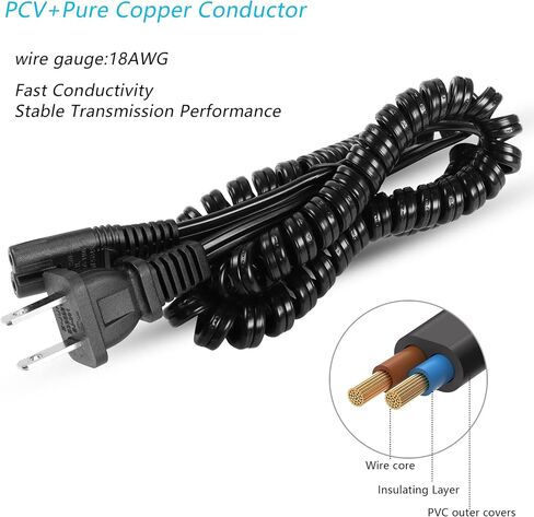 GINTOOYUN AC 2 Prong C8 Power Cord,Standard 2 Slot coiled power cord 6.5 FT for TV Printer Monitor Replacement Power Cord in Saudi Arabia