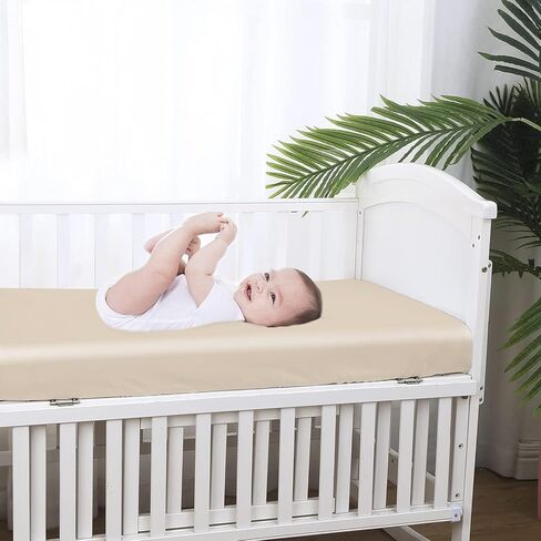 Crib Fitted Sheet Bamboo Viscose Crib Sheet 52"x28"+8" for Standard Crib and Toddler Mattresses - Deep Pocket, Ultra Soft, Breathable, for Baby Boys and Girls (Beige,1 PC) in Saudi Arabia