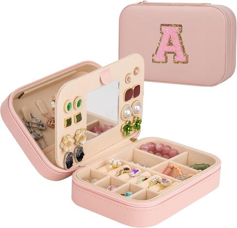 TopPerfekt Jewelry Box Travel Jewelry Case With Mirror, Jewelry Organizer Bridal Shower Gifts To Her, Earring Travel Case Teen Girl Gifts Trendy Stuff, Gift for Women and Girls Initial A in Saudi Arabia