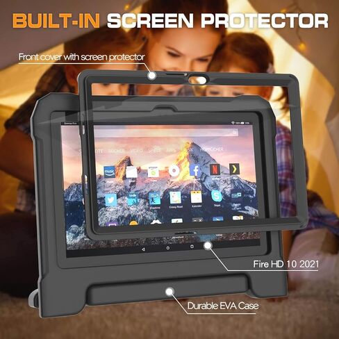 حافظة أطفال لجهاز HD 10 Pro / 10 Plus / 10 Pro Tablet (الجيل 13/11)، واقي شاشة مدمج، حافظة حماية متينة بمقبض مقاوم للصدمات لجهاز HD 10.1 بوصة 2023/2021، أسود in Saudi Arabia