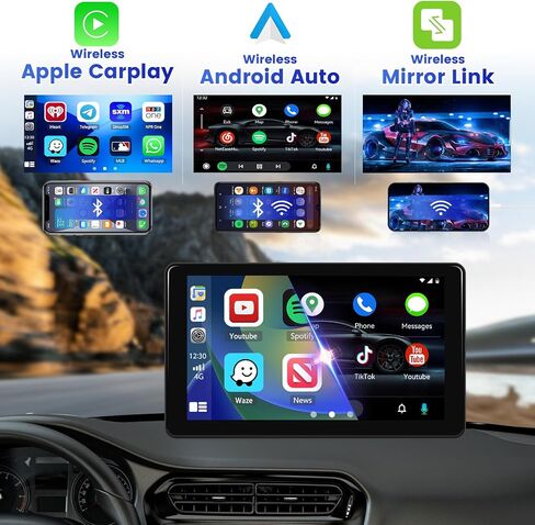 Hikity Portable Wireless Apple Carplay Radio 7 Inch Touch Screen Car Audio Receivers with Wireless Android Auto GPS Navigation Airplay Bluetooth FM Transmitter AUX in Saudi Arabia