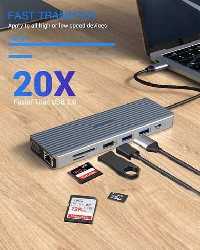 TOTU USB C HUB، 14 في 1 محول USB C مع 2 * 4K HDMI، VGA، USB A 3.1، USB C 3.1، 4 * USB A 2.0، Gigabit Ethernet، SD&TF، 100W PD، مقبس 3.5 مم، متوافق مع معظم الأشخاص أجهزة من النوع C in Kuwait
