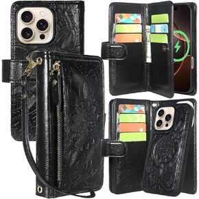 Harryshell for iPhone 16 Pro 6.3 inch Detachable Magnetic Case Wallet,Compatible with Magsafe Wireless Charging, [Theft-Scan Blocking] Card Slots, Cash Zipper Pocket Wrist Strap (Floral Teal) in Kuwait