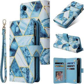 UEEBAI Wallet Case for iPhone XR, PU Leather Case Magnetic Closure Handbag Zipper Pocket Case Kickstand Card Slots with Hand Strap Rose Flip Case for Women - Bling Rose Gold