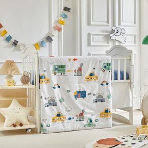 طقم سرير أطفال قطني للسيارات مكون من 3 قطع لحاف سيارات ومنزل مع ملاءة جاهزة وتنورة سرير - نمط أبيض داكن وأصفر وأخضر - مجموعة سرير سيارات لطيفة للأولاد والبنات in Kuwait