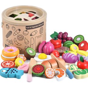 WHOHOLL Play Food Set للعب ملحقات المطبخ، ألعاب موراندي الخشبية الملونة، الطعام التظاهري بقطع الطعام مع سلة، ألعاب مونتيسوري للفتيات من عمر سنة فما فوق، موارد تعليمية لحماية العين in Kuwait
