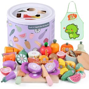 WHOHOLL Play Food Set for Play Kitchen Accessories, Morandi Color Wooden Toys Food Pretend Cutting Food with Basket, Montessori Toys for 1+ Years Old Girls Boys Eye-Protection Learning Resources