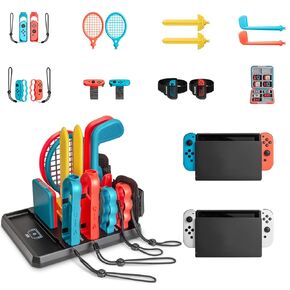 16-in-1 Switch Sports Accessories, Accessories Bundle for Switch Sports Games, Family Pack with Organizer Station for Nintendo Switch/OLED with Tennis Rackets, Golf Clubs, Wrist Bands & Leg Strap