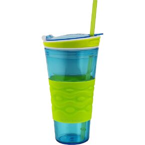 Snackeez Travel Snack & Drink Cup with Straw, Blue,16 oz