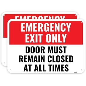2PC Emergency Exit Only Sign, 14 x 10 Inches - Aluminum - Door Must Remain Closed At All Times