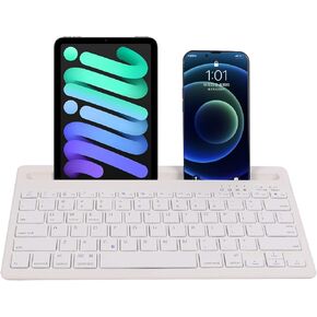 Bluetooth Keyboard, Multi-Device Rechargeable Wireless Keyboard Switch to 2 Devices with Integrated Stand Holder for iPad Tablet Smartphone MacBook Android iOS Windows（Silver）