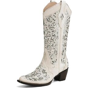 WIRALOMI Women Printed Western Rhinestones Cowboy Cowgirl Boots Square Toe Embroidered Retro Pull on Mid Calf Boots Wedding Travel